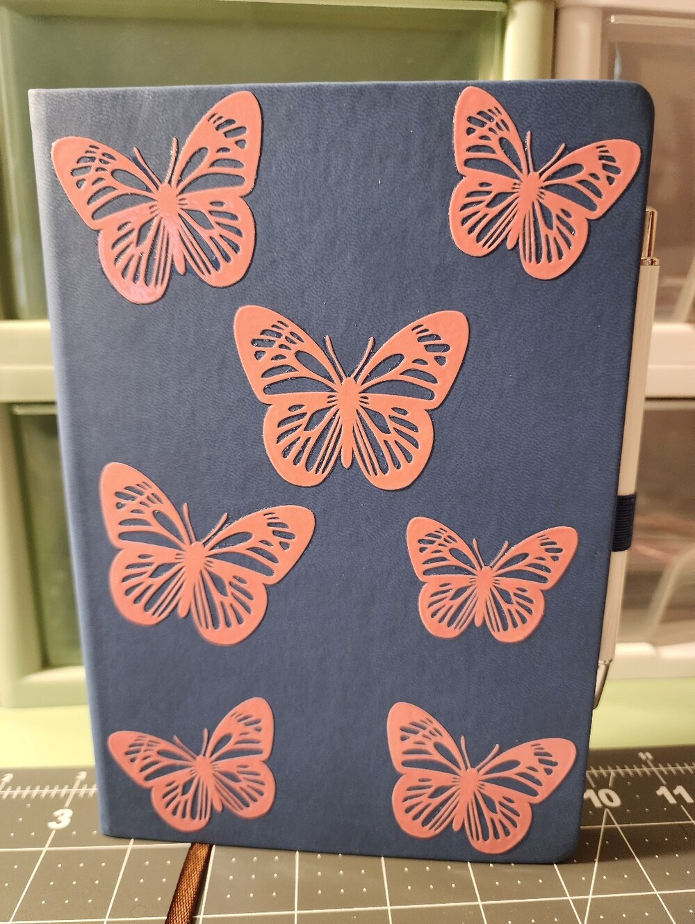 Navy Blue Notebook with Coral Butterfly Accents